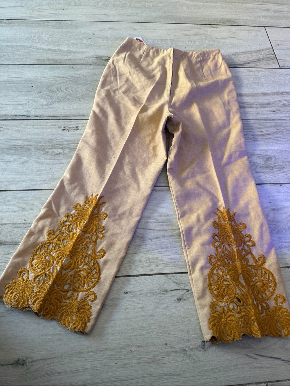 Beige Wide-Leg Pants with Gold Embroidered Appliqué